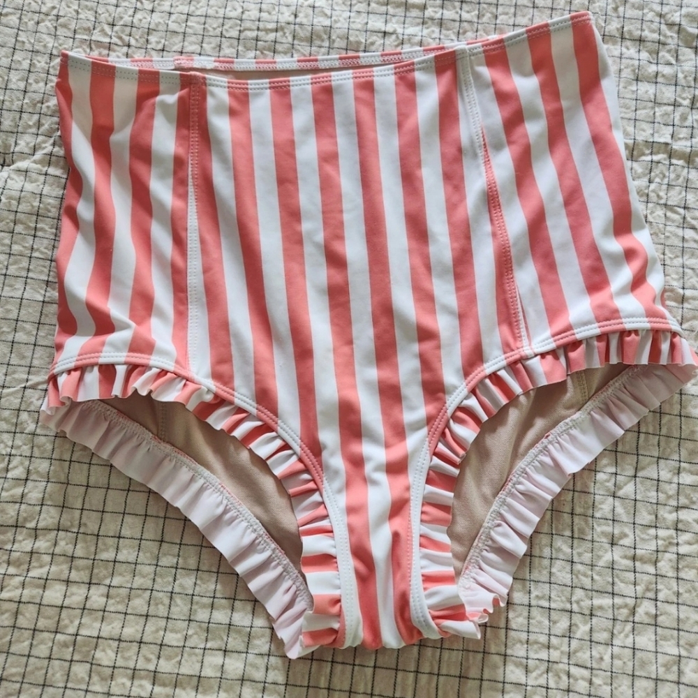 Kortni Jeane High Rise Peach Striped Ruffle Bried Bikini Bottoms Size Medium